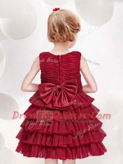 Modest Scoop Sleeveless Mini Length Ruffled Layers and Sequins and Bowknot Zipper Toddler Flower Girl Dress with Red