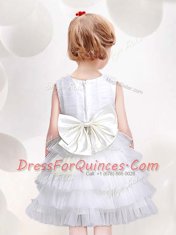 Modest Scoop Sleeveless Mini Length Ruffled Layers and Sequins and Bowknot Zipper Toddler Flower Girl Dress with Red