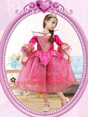 Scoop Tea Length Zipper Flower Girl Dresses for Less Hot Pink for Party and Quinceanera and Wedding Party with Sequins