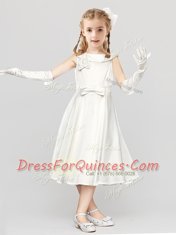Scoop Bowknot and Hand Made Flower Flower Girl Dresses White Clasp Handle Sleeveless Tea Length