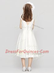 Scoop Bowknot and Hand Made Flower Flower Girl Dresses White Clasp Handle Sleeveless Tea Length