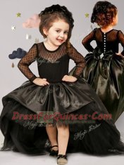 Wonderful Black Scoop Clasp Handle Bowknot Flower Girl Dresses Brush Train Long Sleeves
