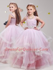 Deluxe Straps Floor Length Baby Pink Flower Girl Dress Tulle Sleeveless Beading and Ruffles