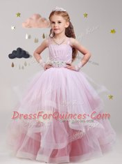 Deluxe Straps Floor Length Baby Pink Flower Girl Dress Tulle Sleeveless Beading and Ruffles