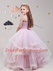 Deluxe Straps Floor Length Baby Pink Flower Girl Dress Tulle Sleeveless Beading and Ruffles