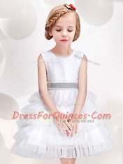 Smart White Scoop Neckline Ruffled Layers and Sequins and Bowknot Flower Girl Dresses Sleeveless Zipper
