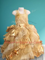 Straps Sleeveless Ruffles and Sequins and Hand Made Flower Lace Up Kids Formal Wear