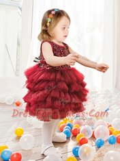 Scoop Mini Length Wine Red Flower Girl Dresses Tulle Sleeveless Ruffled Layers and Sequins