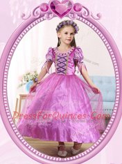 Popular Scoop Short Sleeves Ankle Length Side Zipper Flower Girl Dress Lilac for Party and Quinceanera and Wedding Party with Beading