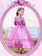 Popular Scoop Short Sleeves Ankle Length Side Zipper Flower Girl Dress Lilac for Party and Quinceanera and Wedding Party with Beading