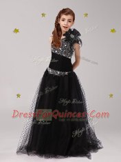 One Shoulder Black Sleeveless Tulle Zipper Toddler Flower Girl Dress for Party and Quinceanera and Wedding Party