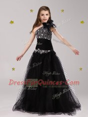 One Shoulder Black Sleeveless Tulle Zipper Toddler Flower Girl Dress for Party and Quinceanera and Wedding Party