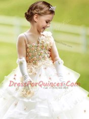 Noble White A-line Ruffled Layers and Hand Made Flower Flower Girl Dress Zipper Organza Sleeveless