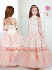 Delicate Halter Top Sleeveless Tulle Flower Girl Dresses for Less Beading and Lace Zipper