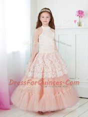 Delicate Halter Top Sleeveless Tulle Flower Girl Dresses for Less Beading and Lace Zipper
