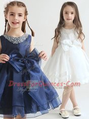 White and Navy Blue Scoop Zipper Beading and Bowknot Toddler Flower Girl Dress Sleeveless