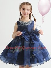 White and Navy Blue Scoop Zipper Beading and Bowknot Toddler Flower Girl Dress Sleeveless