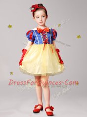 Short Sleeves Mini Length Zipper Flower Girl Dress Blue and Yellow for Party and Quinceanera and Wedding Party with Bowknot
