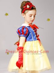 Short Sleeves Mini Length Zipper Flower Girl Dress Blue and Yellow for Party and Quinceanera and Wedding Party with Bowknot