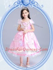Custom Designed Baby Pink Taffeta and Tulle Zipper Square Short Sleeves Tea Length Flower Girl Dress Beading and Appliques