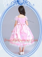 Custom Designed Baby Pink Taffeta and Tulle Zipper Square Short Sleeves Tea Length Flower Girl Dress Beading and Appliques