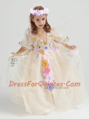 High End Half Sleeves Appliques and Hand Made Flower Zipper Flower Girl Dresses