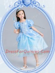 Square Short Sleeves Tea Length Beading Zipper Flower Girl Dress with Light Blue