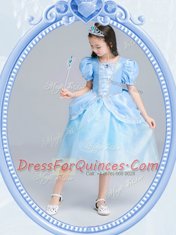 Square Short Sleeves Tea Length Beading Zipper Flower Girl Dress with Light Blue