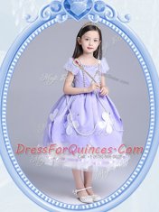 Hot Selling Ball Gowns Flower Girl Dresses for Less Lavender Square Taffeta and Tulle Short Sleeves Tea Length Zipper