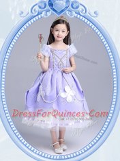 Hot Selling Ball Gowns Flower Girl Dresses for Less Lavender Square Taffeta and Tulle Short Sleeves Tea Length Zipper