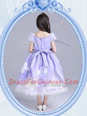 Hot Selling Ball Gowns Flower Girl Dresses for Less Lavender Square Taffeta and Tulle Short Sleeves Tea Length Zipper