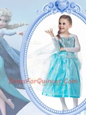 V-neck Long Sleeves Zipper Flower Girl Dress White and Blue Taffeta