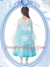 V-neck Long Sleeves Zipper Flower Girl Dress White and Blue Taffeta