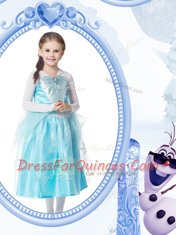 V-neck Long Sleeves Zipper Flower Girl Dress White and Blue Taffeta