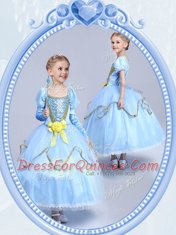 Scoop Light Blue Short Sleeves Beading and Sequins and Hand Made Flower Tea Length Toddler Flower Girl Dress