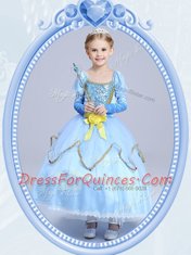 Scoop Light Blue Short Sleeves Beading and Sequins and Hand Made Flower Tea Length Toddler Flower Girl Dress