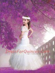 Exceptional Mermaid Scoop White Short Sleeves Floor Length Lace Zipper Flower Girl Dress