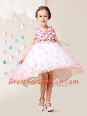 Scoop Lace and Appliques Flower Girl Dresses Pink And White Zipper Sleeveless High Low