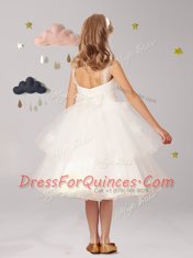 Straps Sleeveless Tulle Tea Length Zipper Flower Girl Dresses for Less in White with Appliques and Ruffled Layers and Bowknot