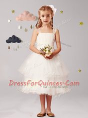 Straps Sleeveless Tulle Tea Length Zipper Flower Girl Dresses for Less in White with Appliques and Ruffled Layers and Bowknot