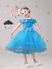 Discount Off the Shoulder Tea Length Blue Flower Girl Dress Tulle Short Sleeves Hand Made Flower