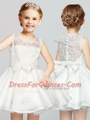 Inexpensive Clasp Handle Scoop Sleeveless Flower Girl Dresses Mini Length Lace and Bowknot White Organza