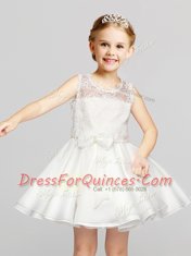Inexpensive Clasp Handle Scoop Sleeveless Flower Girl Dresses Mini Length Lace and Bowknot White Organza