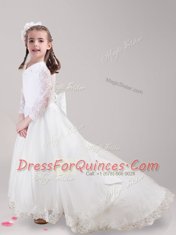 Great Scoop Long Sleeves Tulle With Brush Train Zipper Flower Girl Dress in White with Lace and Bowknot
