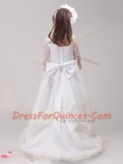 Great Scoop Long Sleeves Tulle With Brush Train Zipper Flower Girl Dress in White with Lace and Bowknot