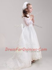 Great Scoop Long Sleeves Tulle With Brush Train Zipper Flower Girl Dress in White with Lace and Bowknot