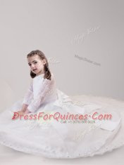 Great Scoop Long Sleeves Tulle With Brush Train Zipper Flower Girl Dress in White with Lace and Bowknot