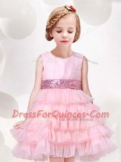 Scoop Sleeveless Toddler Flower Girl Dress Mini Length Ruffled Layers and Sequins and Bowknot Baby Pink Tulle