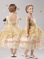 Pick Ups Ball Gowns Flower Girl Dresses Gold Straps Organza Sleeveless Tea Length Zipper