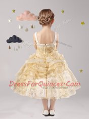 Pick Ups Ball Gowns Flower Girl Dresses Gold Straps Organza Sleeveless Tea Length Zipper